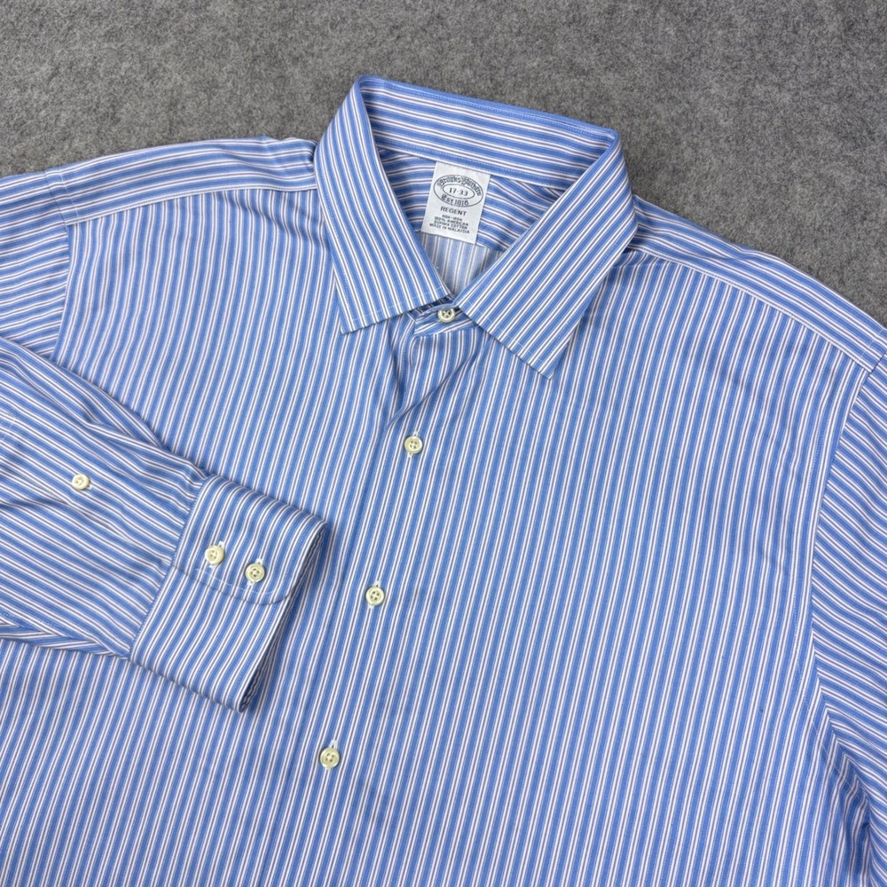 Brooks Brothers Dress Shirt Mens 17 33 Blue Purple Regent Striped Supima USA